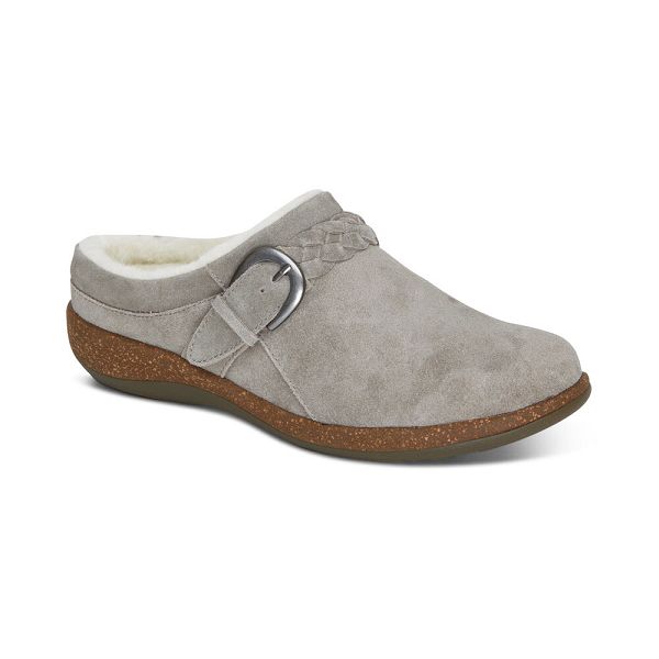 Aetrex Women's Libby Fleece With Arch Support Clogs Grey Shoes UK 5541-606